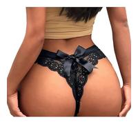 NewBull Culotte brésilienne en dentelle florale sexy pour femme avec nœud papillon - Taille basse - Culotte coquine - Bikini en maille extensible - Tangas, Noir , L