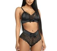 NewBull Ensemble de lingerie jarretelles pour femme en dentelle sexy et satin épissé - Tenue de lingerie - Col en V - Soutien-gorge réglable + slip taille haute - Deux pièces - Nuisette sous-vêtements