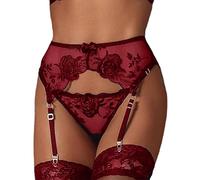 NewBull Ensemble de lingerie sexy et string pour femme avec jarretelles transparentes et 4 clips métalliques réglables pour bas érotique + G-string, rouge, Taille Unique
