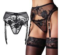 NewBull Ensemble de lingerie sexy et string pour femme avec jarretelles transparentes et 4 clips métalliques réglables pour bas érotique + G-string, Noir , Taille Unique