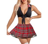 NewBull Ensemble de lingerie sexy pour écolière Robe de soirée Haut court avec cordon de serrage Mini jupe plissée Cosplay