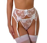 NewBull Ensemble de porte-jarretelles pour femmes avec string, soutien-gorge, jarretelles larges, lingerie sexy en dentelle avec 4 supports réglables, jarretelles pour femmes + string, Blanc., taille