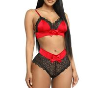NewBull Femme Sexy Ensemble de Lingerie en Dentelle 2 Pièces Soutien-Gorge et Culotte Satin Tenue Col en V Taille Haute Nuisette Nœud sous Vetements Feminins Noir/Rouge S-L (Rouge, S)