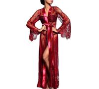 NewBull Kimono sexy en dentelle - Ensemble de lingerie longue - robe à manches longues - Robe de nuit translucide - Peignoir de mariée