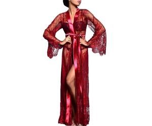 NewBull Kimono sexy en dentelle - Ensemble de lingerie longue - robe à manches longues - Robe de nuit translucide - Peignoir de mariée