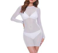 NewBull Lingerie en maille pour femme Bikini Paréo de plage Chemise fine courte semi-transparente Mini jupe avec manches longues et col rond T-shirt d'été, blanc, Taille Unique