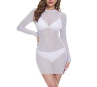 NewBull Maillot de bain pour femme - Robe de plage - Bikini - Vêtement de natation - Robe transparente - Mini jupe à manches longues - Maille fine - Col rond - Mini robe d'été, Blanc., taille unique