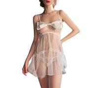 NewBull Nuisette Sexy Femme Sensuelle Lingerie Coquine Hot Dentelle Mini Robe Transparente Dos Nu Babydoll Chemise de Nuit Noeud Papillon Satin Robe de Nuit Grande Taille Fête Lune de Miel (Blanc)