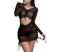 NewBull Robe sexy transparente pour femme - Manches longues - Col en V - Cordon de serrage - Plissée - Robe portefeuille + string - Nuisette - Nuisette - Chemise de nuit - Tulle - Bikini Cover Up -