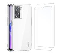 NEW'C Coque pour Oppo A77 5G avec Verre Trempé Vitre Protection Écran | Coque Transparent + 2x verres trempés, 6,5 pouces, Dureté 9H, TPU Silicone souple, Anti-empreintes, Fin, Anti-rayures