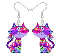 NEWEI Acrylique Drôle de Boucles d'Oreilles Chat pour Femme Maman Mignon Chaton Design Bohémien Accessoires Bijoux Animaux Cadeaux Boho pour les Amoureux des Chats Charms (Pourpre)