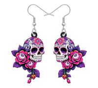 NEWEI Acrylique Horreur Halloween Crâne de Sucre Boucles d'oreilles Pendentifs pour Femmes, Style Mexique Jour des Morts, Effrayant Cadeaux Goths Excentriques Bijoux de Halloween (Pourpre)