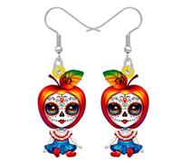 NEWEI Acrylique Horreur Jour des Morts Poupée Creepy Boucles d'oreilles Pendentifs Halloween Cadeaux pour Femmes Filles, Effrayantes poupées vaudou mexicaines, Bijoux Halloween excentriques (Rouge)