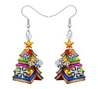 NEWEI Boucles d'oreilles en Forme d'arbre de Noël pour Femmes Amoureux de Livres, Boucles d'oreilles en Acrylique pour Etagère Cadeaux Appréciation Enseignants Bijoux Littéraires d'Hiver (Colorée)