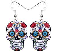 NEWEI Cute Halloween Crâne de Sucre Skull Boucles D'oreilles Femme Bijoux Acrylique Tete De Mort Decor Idee Cadeau Femmes Filles (Rose)