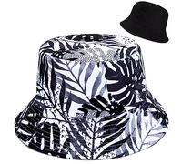 Newellsail Chapeau de Seau Réversible Chapeau de Pêcheur en Coton Unisexe Pliable Chapeau de Soleil pour Randonnée Camping Voyage Pêche, Imprimé Cocotier Noir et Blanc (56-58cm)