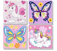 NEWENMO 4 Pièces Peinture par Numéros pour Enfants avec Cadre,Papillon et Poney Peinture Numero Enfant 6-8-12 Ans,Toile Peinture à l'huile,DIY Paint by Numbers Kids,pour Décoration Maison 20x20cm