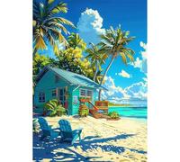 NEWENMO 5D Blue Beachfront Villa Diamond Painting Set,Palmiers Peinture Diamant pour Adultes,Chaises à Bascule Diamond Art Kits,DIY Diamant Painting Kit,pour Débutant Maison Décoration (30x40cm)