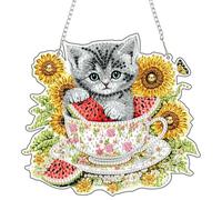 NEWENMO 5D Chaton Gris Diamond Painting Pendentif,Tournesol Diamant Peinture Pendentif,DIY Forme Spéciale Diamant Art Kits,Hanging Diamond Painting,pour Fenêtres,Murs,Portes et Décoration de Jardin