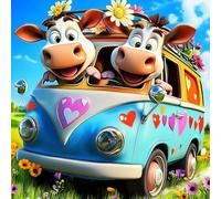 NEWENMO 5D Deux Vaches Mignonnes Diamond Painting Set,DIY Van Bleu Peinture Diamant pour Adultes,Bricolage Diamond Art Kits,Diamant Painting Kit Complet,pour Débutant Maison Décoration (30x30cm)