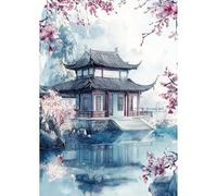 NEWENMO Architecture Chinoise Diamond Painting Kit pour Adulte,DIY Fleur de Prunus Peinture Diamant,Ronde Diamond Peinture,Diamant Painting Set,Pont Cristal Débutant Art Kit,Maison Décor 30x40cm