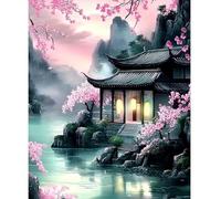 NEWENMO Architecture Chinoise Peinture par Numéro Kits,Fleurs de Cerisier Peinture Numero Adulte,DIY Paint by Numbers,Creation Adulte pour Débutants,Peinture à l'huile Kit,pour Décor Maison,40x50cm