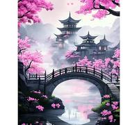 NEWENMO Architecture Chinoise Peinture par Numéros,Fleurs de Cerisier Peinture Numero Adulte,DIY Paint by Numbers,Peintures à l'huile Kit,Bricolage Painting Acrylique pour Décoration Maison 40x50cm