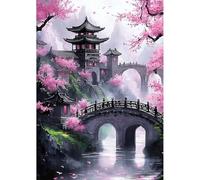 NEWENMO Architecture de Style Chinois Diamond Painting Kit,DIY Fleur de Cerisier Peinture Diamant Adulte,5D Diamant Painting Kit Complet,Pont Cristal Débutant Art Set,pour Maison Décor 30x40cm