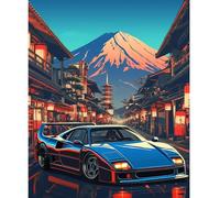 NEWENMO Mont Fuji Peinture par Numero Adulte,Voiture Bleue Peinture Numero,Architecture Japonaise Paint by Numbers,DIY Peinture à l'huile,Acryliques Bricolage Peintures Kits,pour Décor Maison 40x50cm