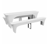NEWFUN Housses de Table de bière, Set de 2 Housses de Table de bière 220 x 50 x 70 cm, Housse de Banc de bière Blanche et nappes, Garniture de Table de bière en Spandex pour Banquet