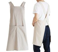 NEWGEM Tabliers de cuisine japonais en lin croisé pour homme avec poches pour pâtisserie, peinture, jardinage, nettoyage kaki