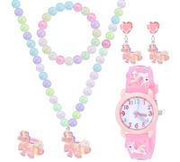 NEWITIN Ensemble de bijoux pour filles avec collier, bague, bracelet, boucles d'oreilles à clip 3D, dessin animé, montre à fleurs étanche pour filles de 3 à 10 ans, Rose licorne, Adjustable