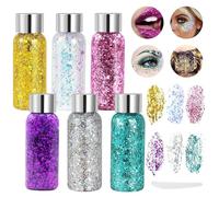 NEWJEK 6 Bouteilles Gel Paillette Cheveux, Paillettes Visage, Gel Paillettes Body Doré, Argenté, Blanc, Rose, Vert, Violet pour Festival Noël Anniversaire Fête