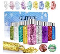 NEWJEK 9 Bouteilles Gel Paillette Cheveux, Paillettes Visage, Gel Paillettes Body Doré, Argenté, Blanc, Rose, Vert, Violet, Turquoise, Rouge, Bleu pour Festival Noël Anniversaire Fête