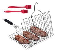 NEWJEK Panier de Barbecue, 32 x 22 CM Panier à Griller en Acier Inoxydable, Panier de Barbecue Pliable Panier pour Barbecue avec 2 Brosses en Silicone, pour Poisson, Crevettes, Légumes, Steak