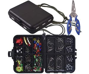 Newk Kit d'accessoires de pêche de 188 pièces, hameçons gabarits, poids de lancer de balle de basse, émerillons, glissières de plomb avec boîte