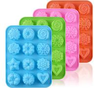 Newk Lot de 4 moules en silicone en forme de fleur, 12 cavités pour bonbons, fêtes, festivals et loisirs créatifs - Vert + bleu + rose + orange