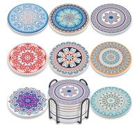 Newk Lot de 8 dessous de verre absorbants en céramique avec support en métal, motif mandala clair et coloré pour table basse, excellent cadeau de pendaison de crémaillère