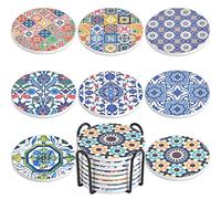 Newk Lot de 8 Dessous de Verre absorbants en céramique avec Support en métal, Motif Portugais pour Table Basse, Excellent Cadeau de Pendaison de crémaillère