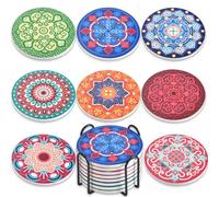 Newk Lot de 8 dessous de verre absorbants en céramique avec support en métal, motifs mandala colorés pour table basse, excellent cadeau de pendaison de crémaillère