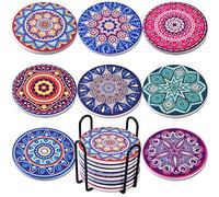 Newk sous-Verres pour Boissons, 8 Ensembles de sous-Verres absorbants en marbre en céramique avec Support en métal, 4 Pouces 8 Motifs de Mandala différents