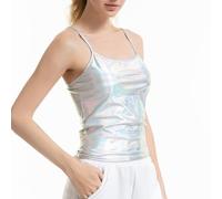 NewL Caraco court métallique brillant effet mouillé pour femme avec bretelles spaghetti, débardeur pour fête, club, danse, camisole basique à bretelles solides, chrome, M