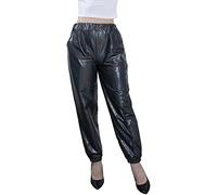NewL Pantalon de Jogging métallique Brillant pour Femme - Style décontracté - Couleur holographique - Style Hip-hop - Élastique, Noir, L
