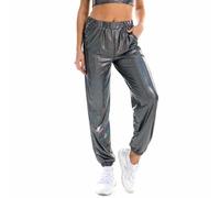 NewL Pantalon pour femme taille haute métallique brillant jogging décontracté couleur holographique streetwear pantalon femme mode lisse réfléchissant pantalon, Noir , XL