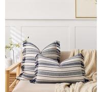 Newliky Boho Housse de Coussin 30x50 cm Lot de 2 en Lin Jacquard Texturée à Rayures Tissées aie d'oreiller avec Pompons Décoratif Minimaliste Ferme Housse Coussin pour Canapé Salon Jardin Bleu