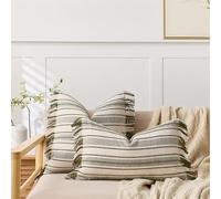Newliky Boho Housse de Coussin 45x45 cm Lot de 2 en Lin Jacquard Texturée à Rayures Tissées aie d'oreiller avec Pompons Décoratif Minimaliste Ferme Housse Coussin pour Canapé Salon Jardin Vert