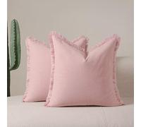 Newliky Housse de Coussin 50x50cm Lot de 2 Coton Luxe Boho Bords à Pompons Couleur Pure Minimaliste Couvre Coussin pour Canapé Maison Salon Chambre Décoration D'intérieur Rose