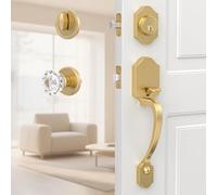 newliplace Ensemble de serrure de porte avant, poignée de porte avant dorée avec pêne dormant monocylindre et bouton en verre cristal, réversible pour porte gauche et droite, finition laiton satiné