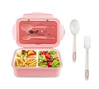 Newpop lunch box avec 3 compartiments et cuillère fourchette 1400 ml, bento étanche sans BPA, boite repas pour micro-ondes et Lave-Vaisselle pour adultes enfants travail scolaire, rose