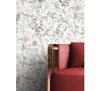 NEWROOM Papier peint Blanc Fleur Intissé - Floral Vert Rose Feuilles Rameau Romantique